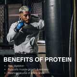 RAW Whey Isolate scoop medidor sobre polvo, beneficio por porción claro