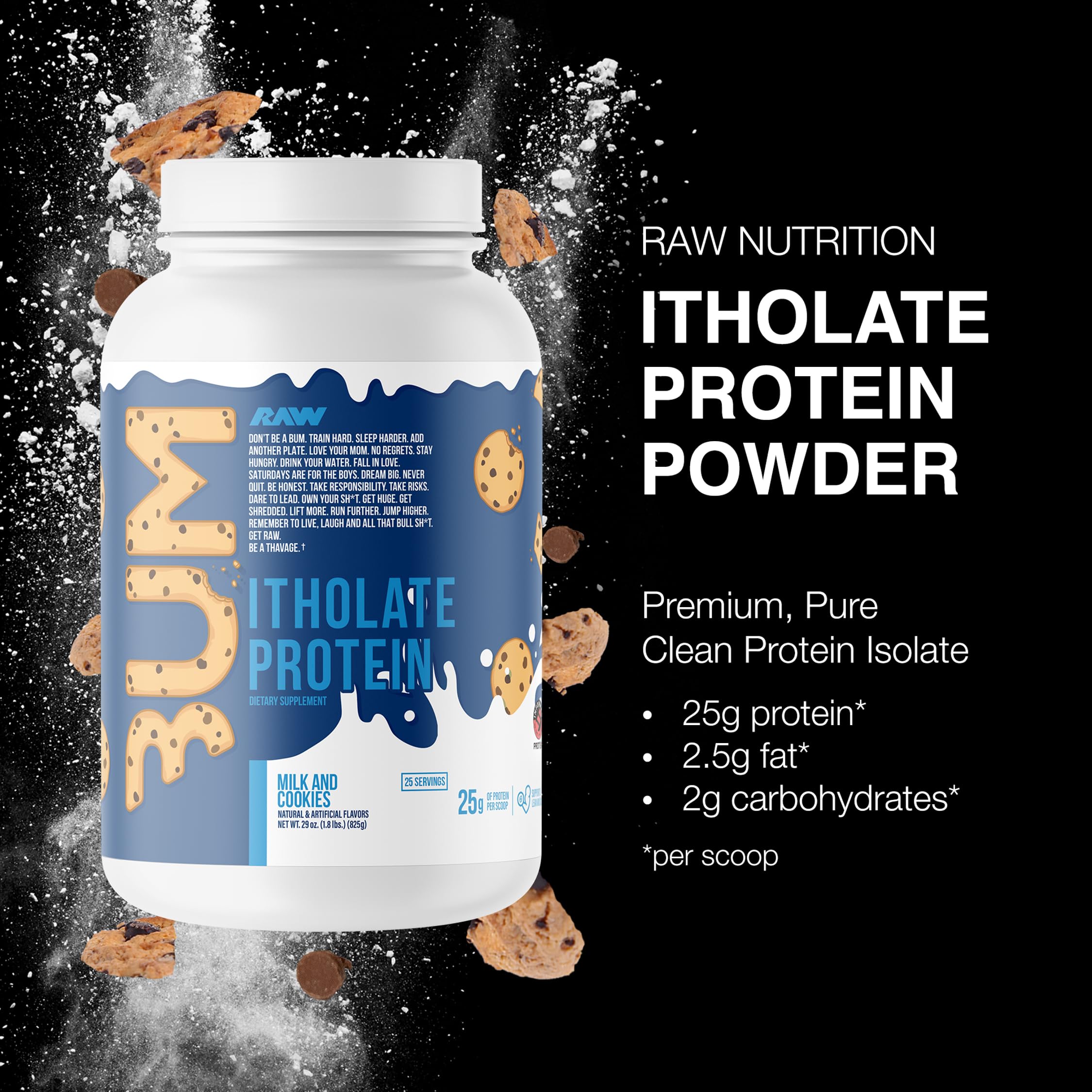 RAW Whey Isolate textura del polvo en primer plano, mezcla homogénea y fácil disolución