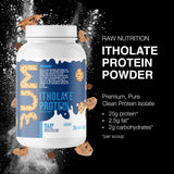 RAW Whey Isolate textura del polvo en primer plano, mezcla homogénea y fácil disolución