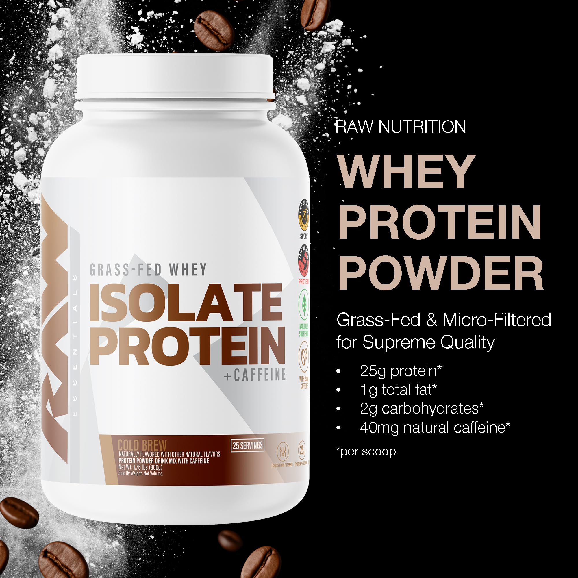 RAW Whey Isolate textura del polvo resaltando fácil disolución y pureza