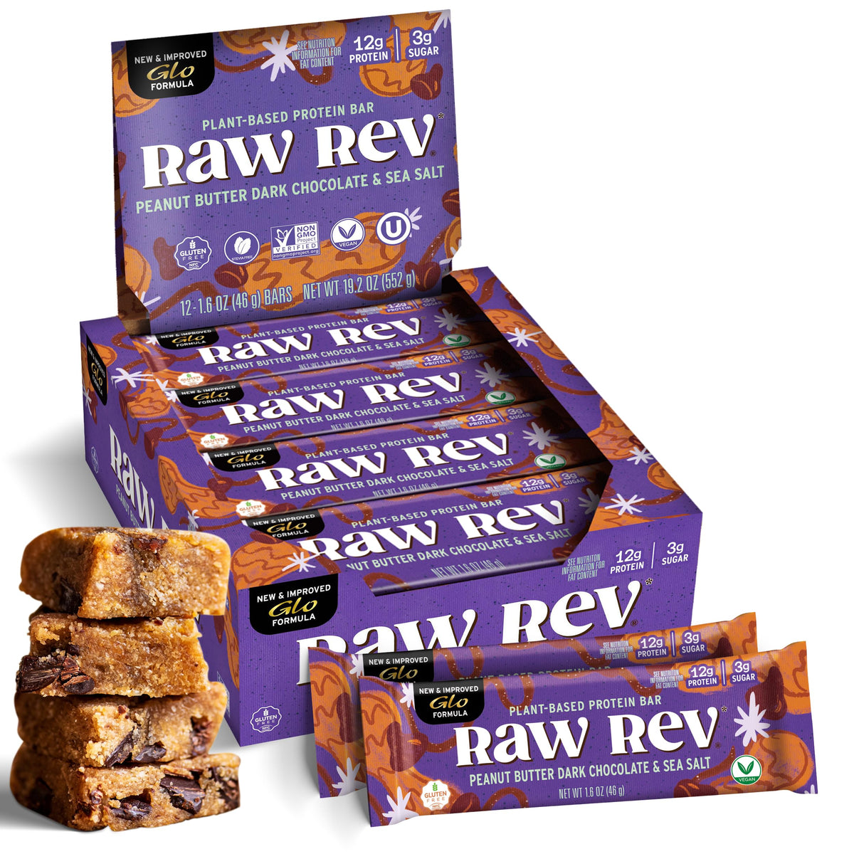 Raw Rev Glo empaque frontal mostrando 12 barras y beneficios claros