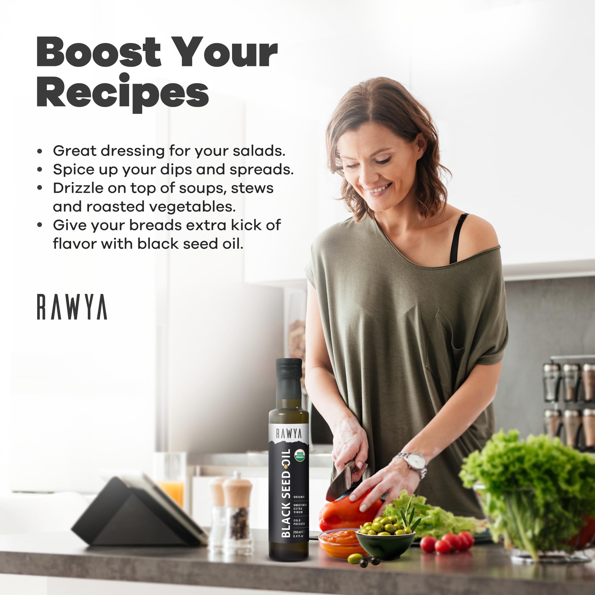 RAWYA botella junto a una regla para mostrar tamaño 8.4 fl oz claramente