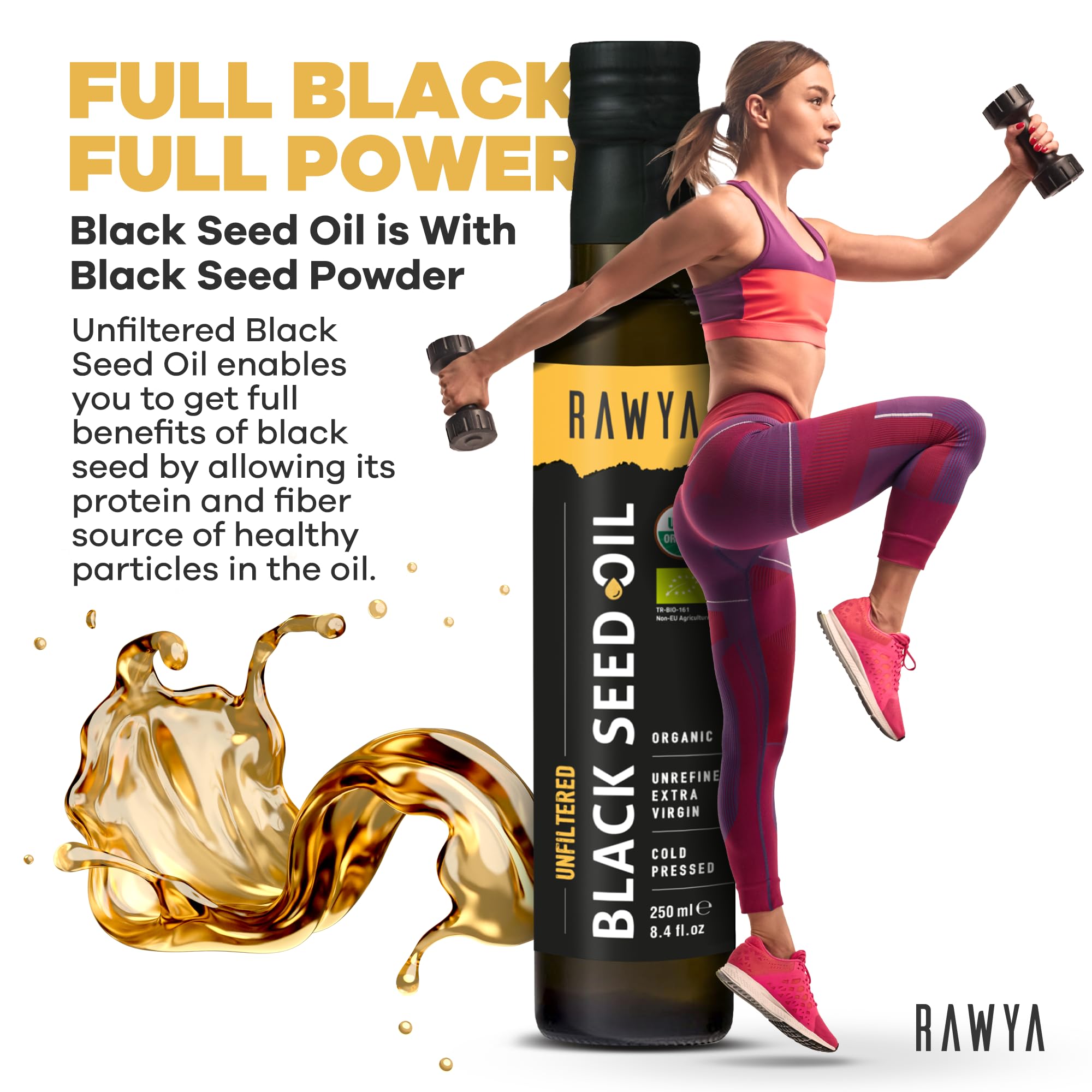RAWYA aceite vertido en cuchara mostrando su aroma y uso culinario