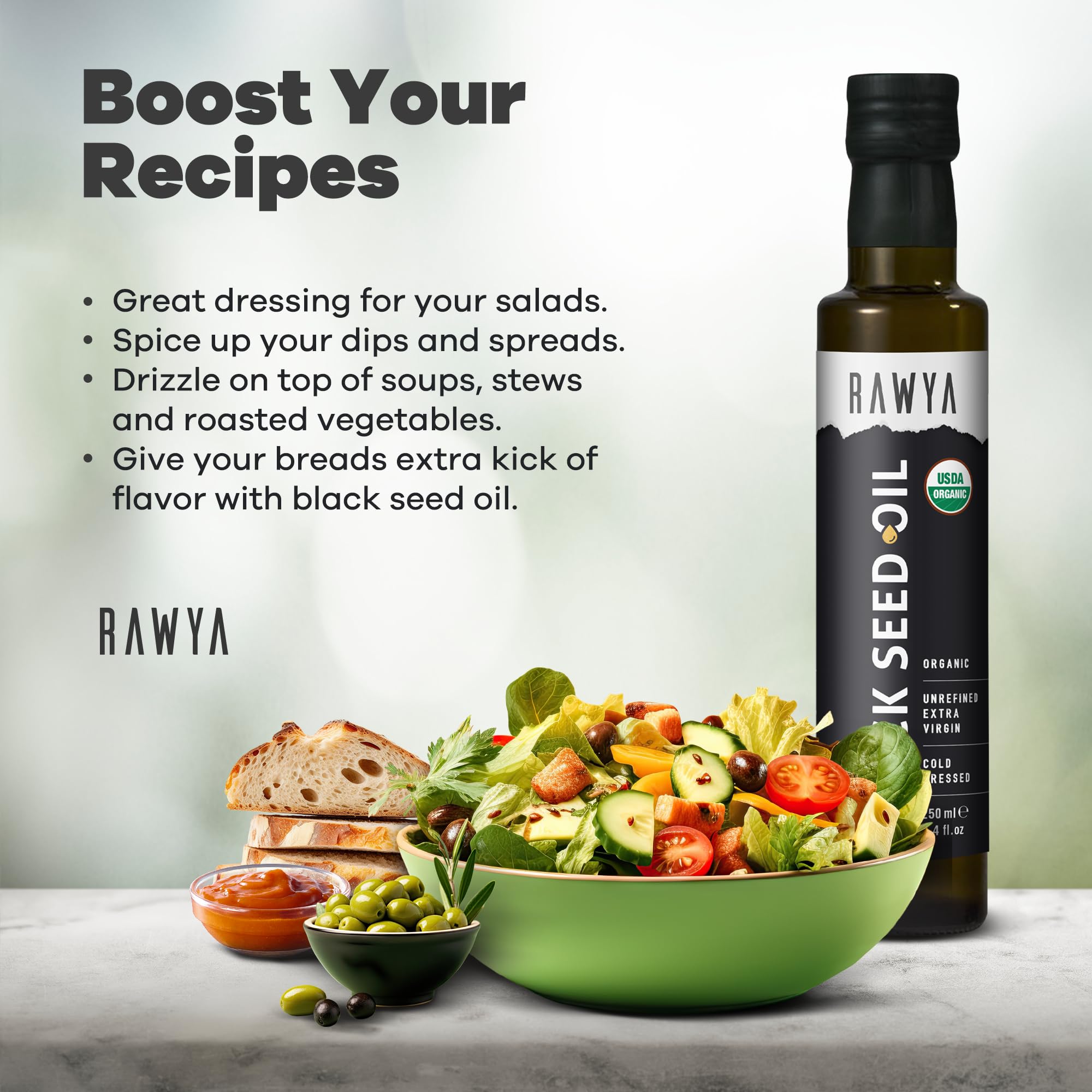 RAWYA aceite servido sobre ensalada resaltando sabor y acabado