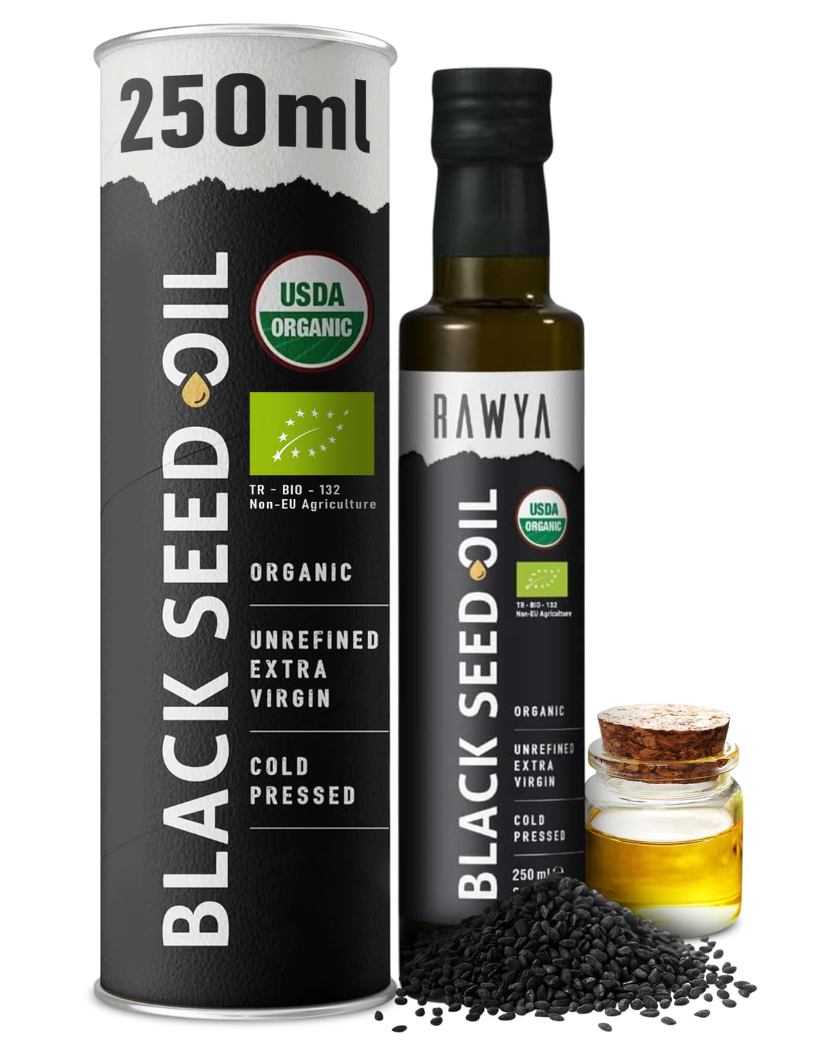 RAWYA botella frontal mostrando envase de vidrio y etiqueta orgánica
