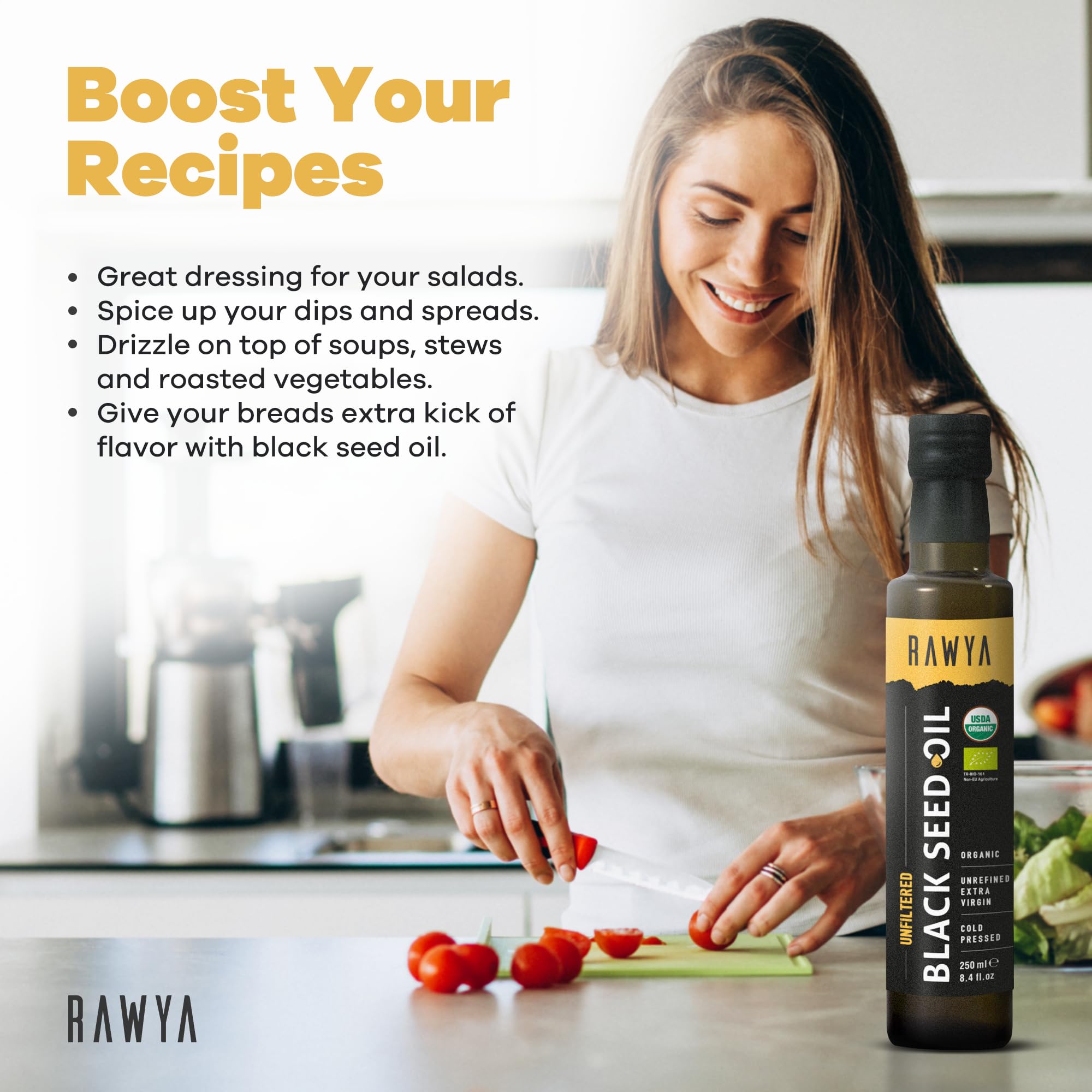 RAWYA botella sobre encimera junto a ensalada para uso gastronómico