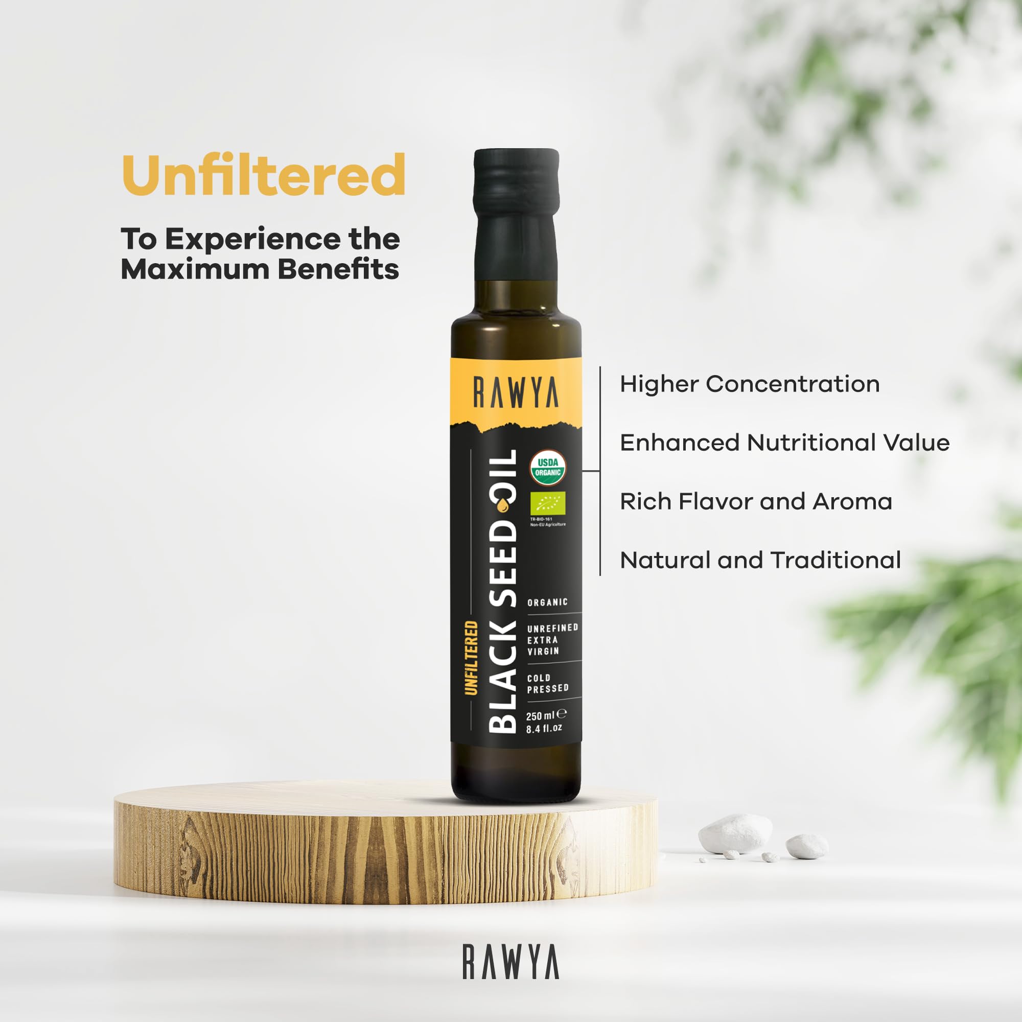 RAWYA comparación de tamaño junto a una taza para referencia de 8.4 fl oz