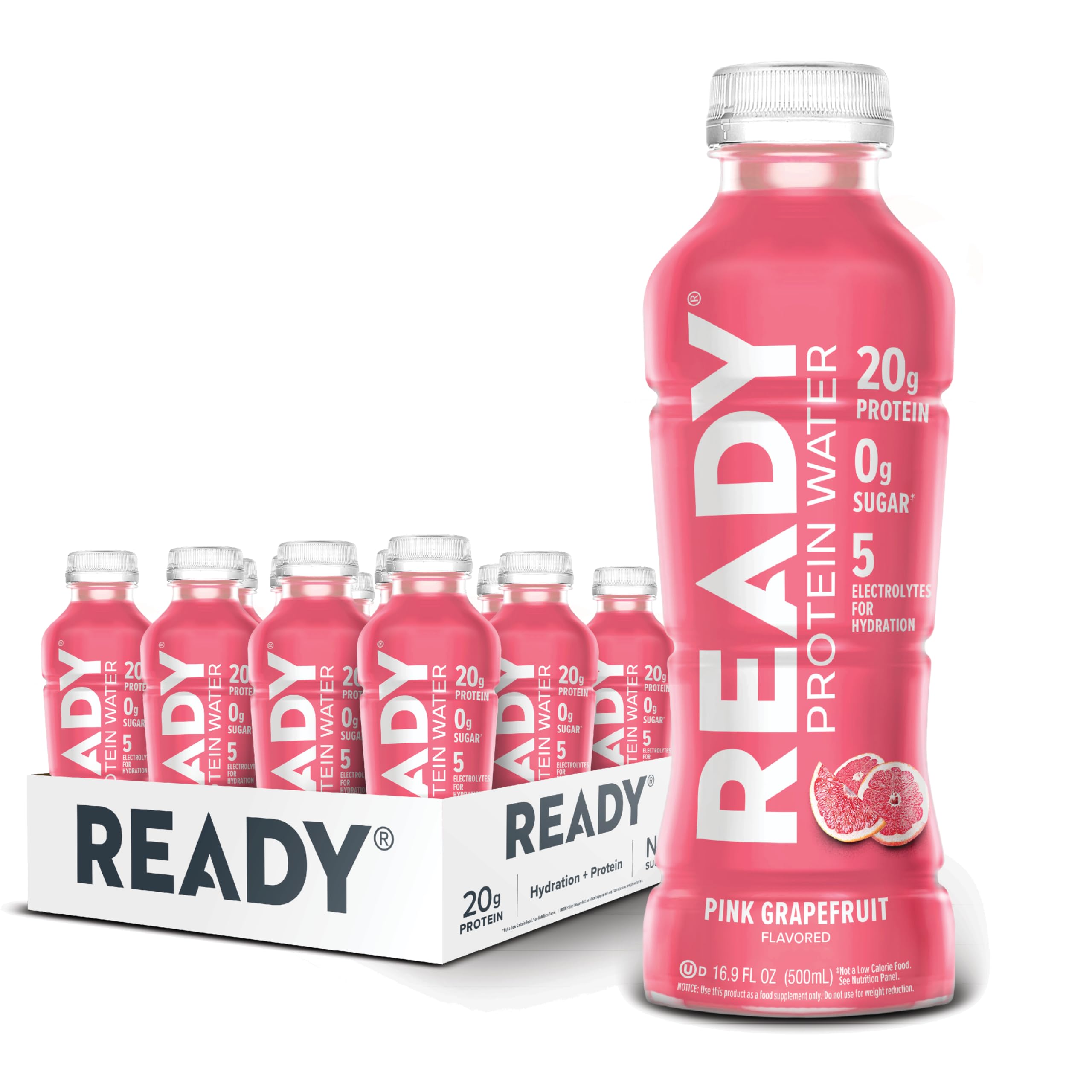 Ready botella frontal del pack mostrando etiqueta y sabor pomelo rosa, ideal para hidratación