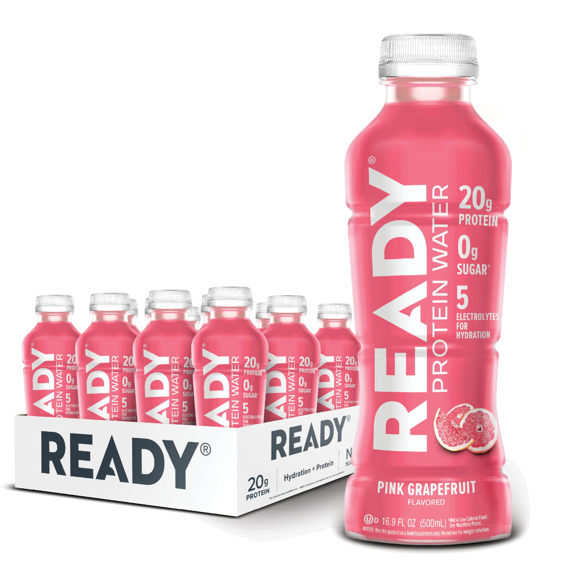 Ready botella frontal del pack mostrando etiqueta y sabor pomelo rosa, ideal para hidratación
