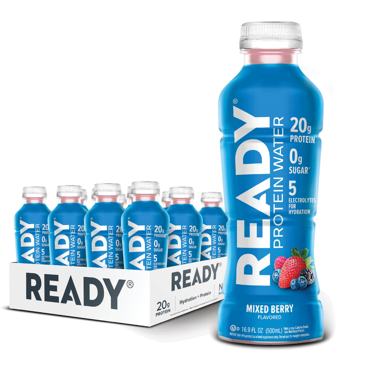 Ready clear protein water frontal mostrando etiqueta y sabor Mixed Berry y conveniencia