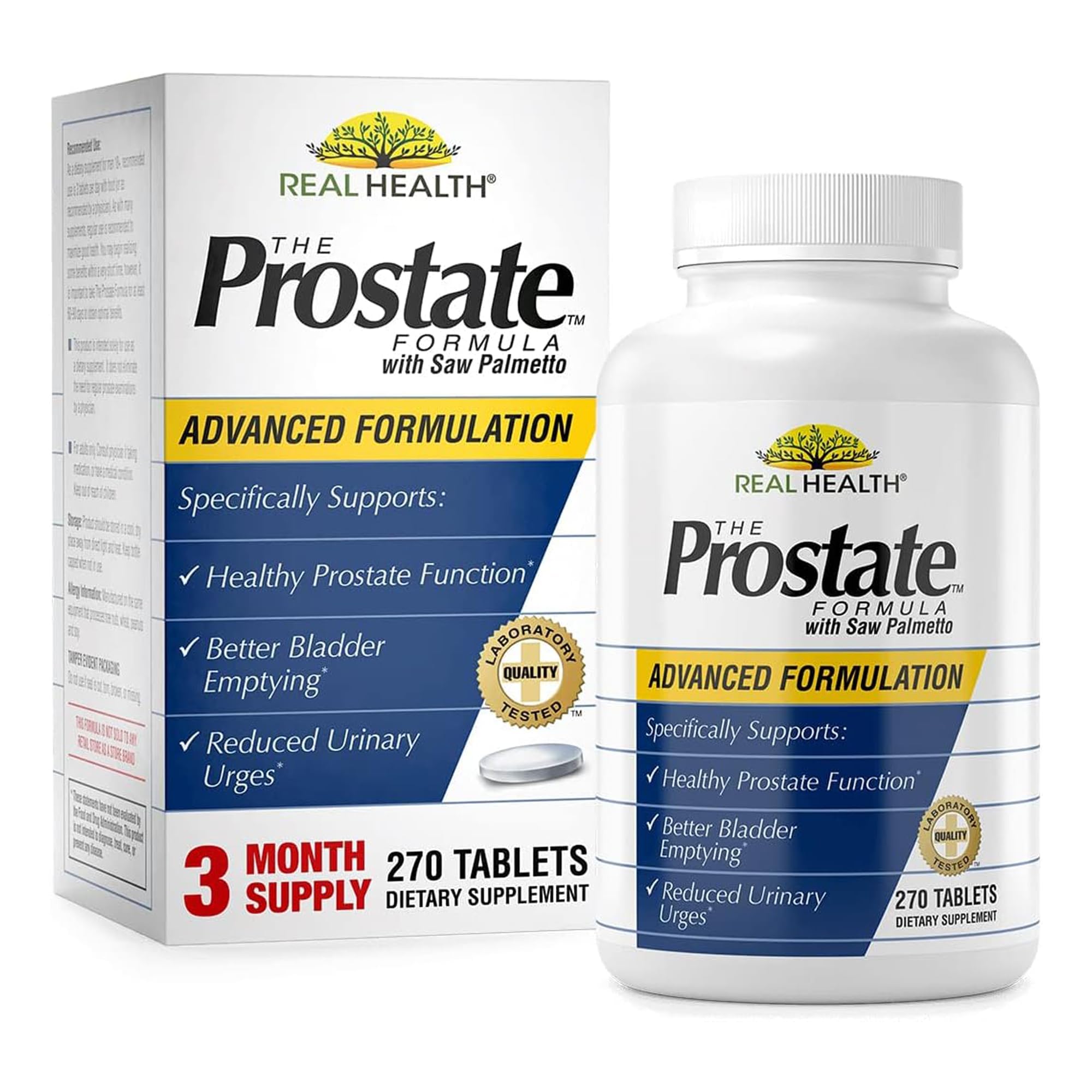 Real Health frasco frontal mostrando 270 tabletas y tamaño práctico