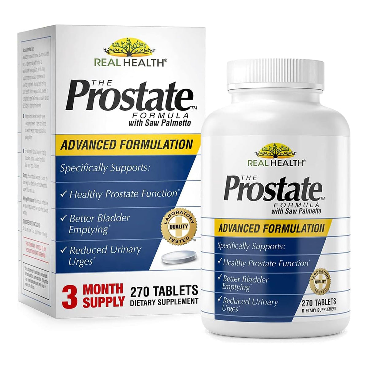 Real Health frasco frontal mostrando 270 tabletas y tamaño práctico