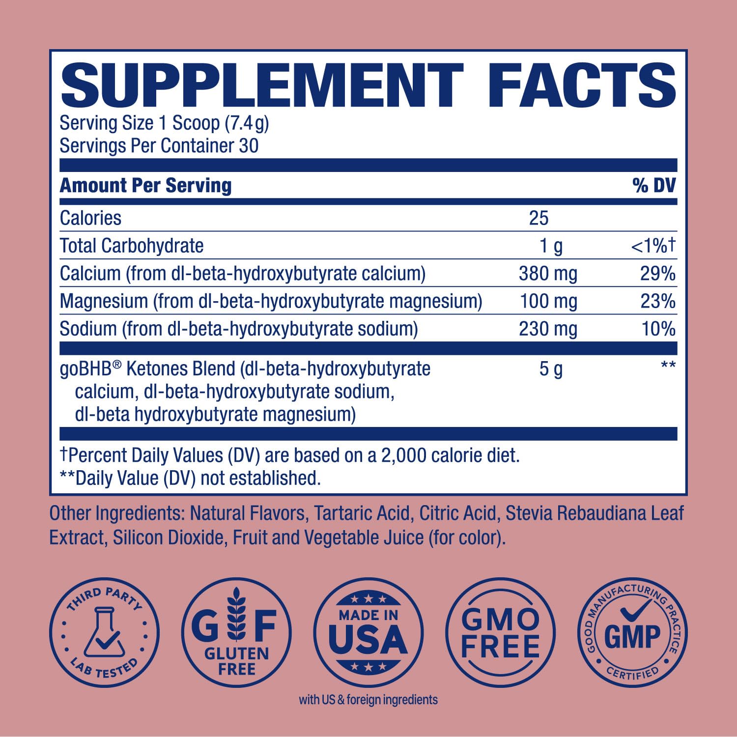 Real Ketones etiqueta con información nutricional y electrolitos clave