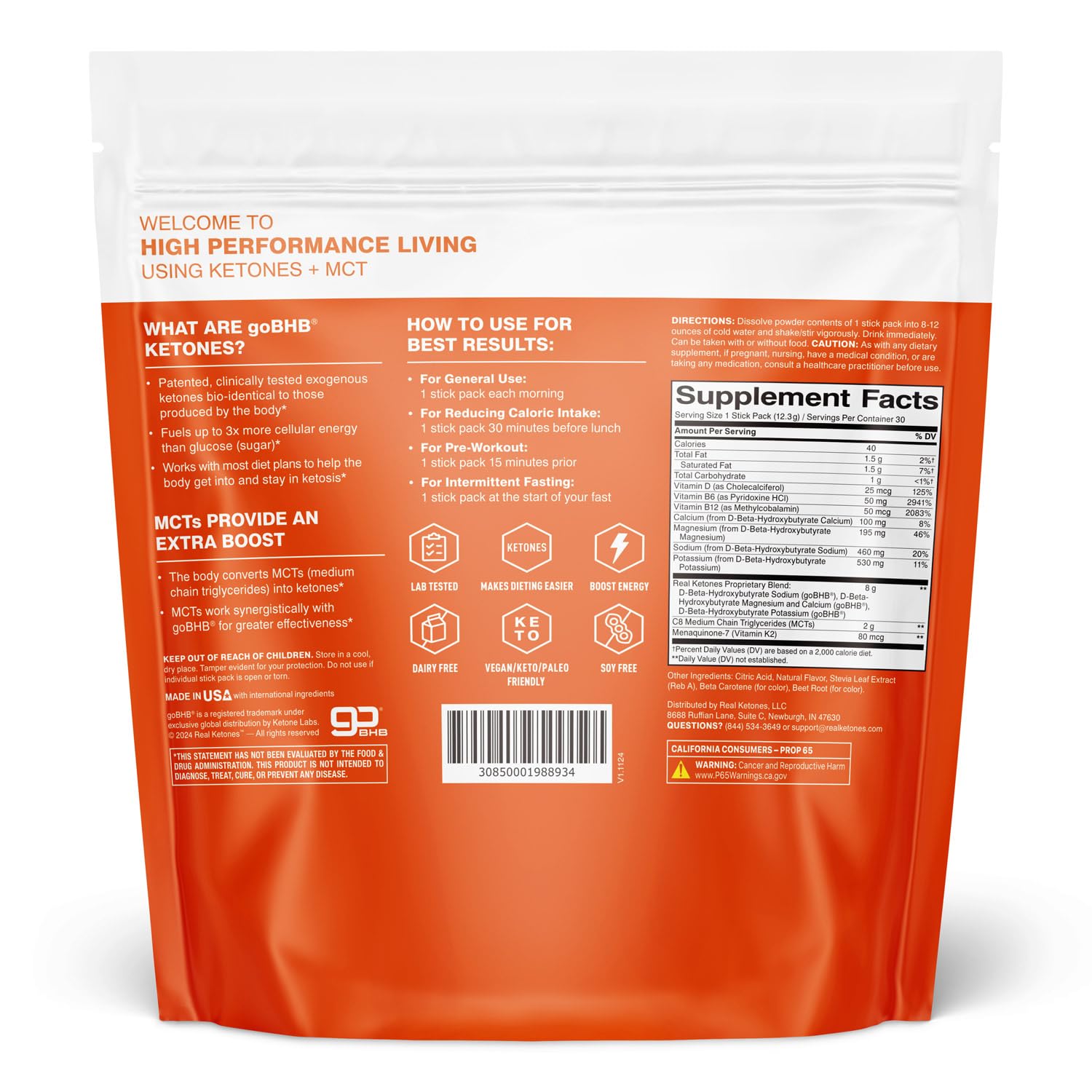 Real Ketones etiqueta nutricional detallando D-BHB, MCT y electrolitos