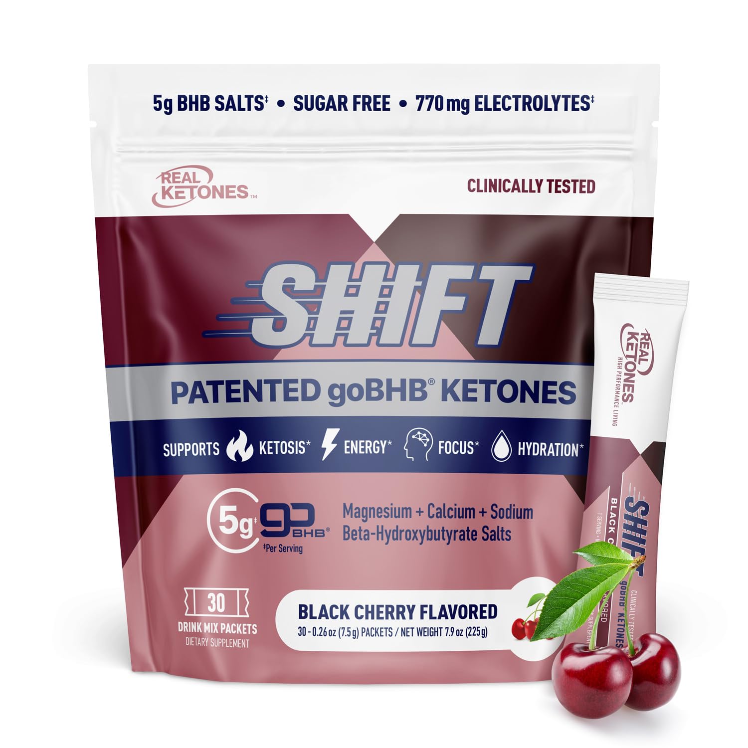 Real Ketones empaque frontal cereza negra destacando sabor y sin azúcar