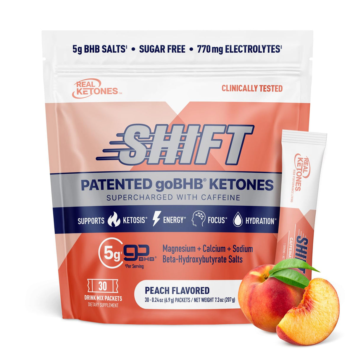 Real Ketones empaque frontal que muestra 30 sobres y beneficios