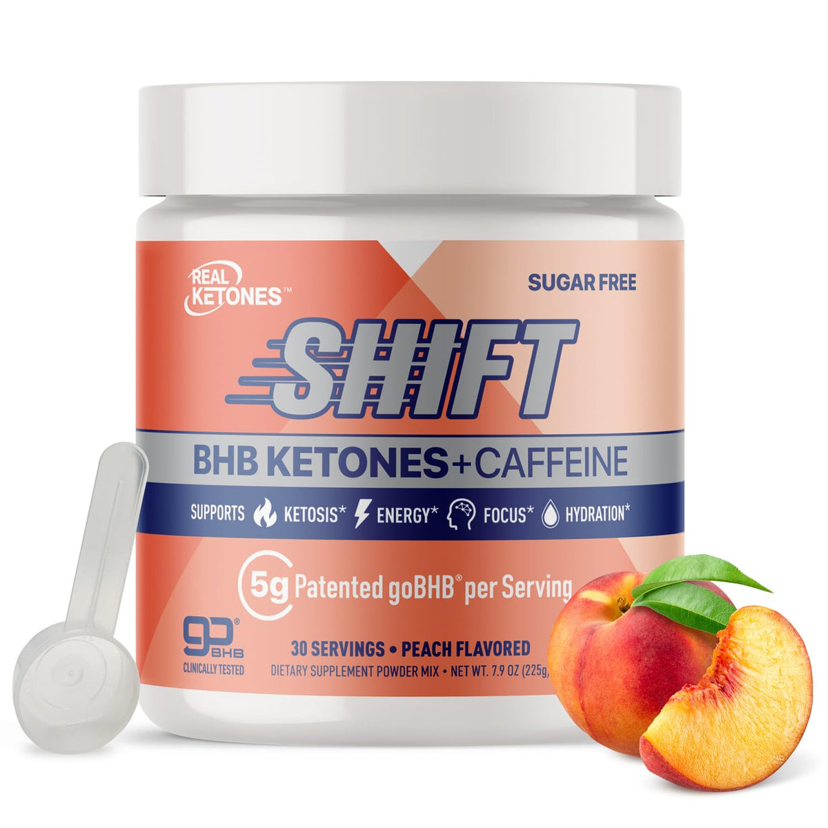 Real Ketones frente del empaque mostrando sabor durazno y beneficios