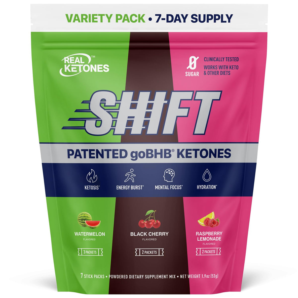 Real Ketones vista frontal del paquete que muestra variedad y conveniencia