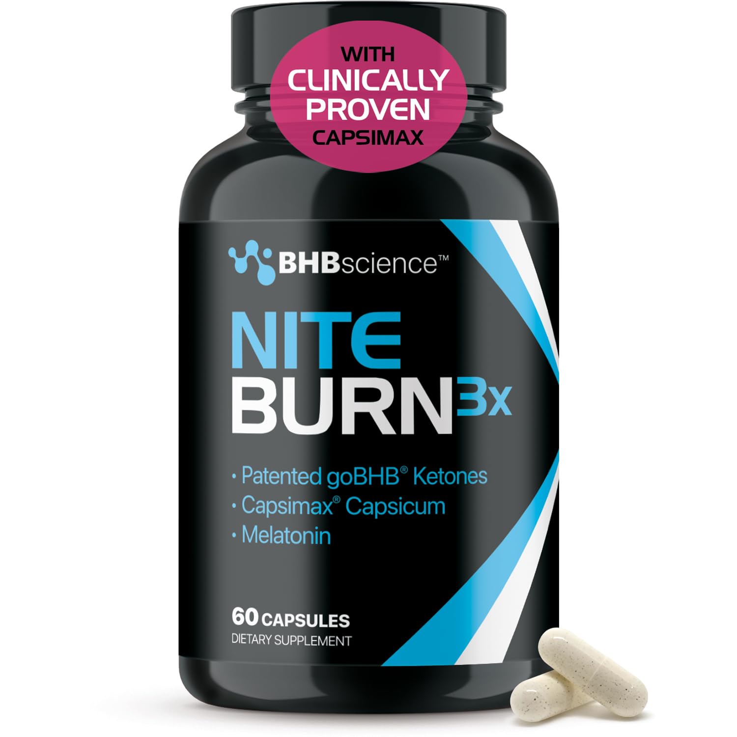 Real Ketones Night Burn vista frontal del envase y etiquetado claro como suplemento nocturno