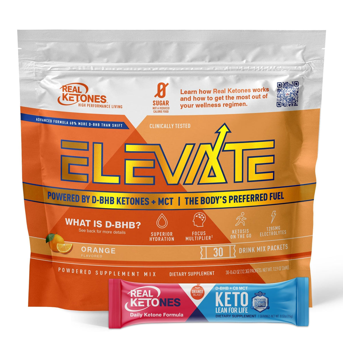 Real Ketones sobre frontal mostrando marca y sabor naranja para conveniencia