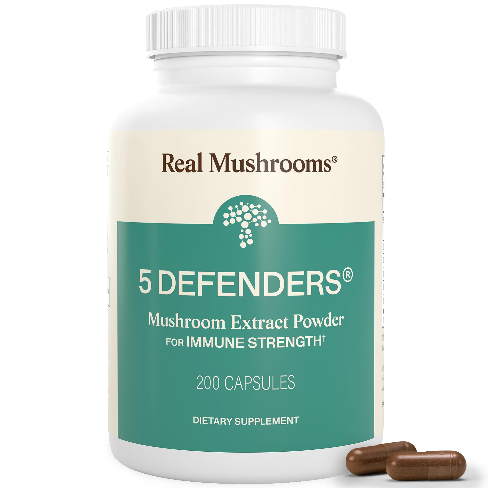 Real Mushrooms frasco delante mostrando diseño y cantidad de cápsulas, confianza de marca