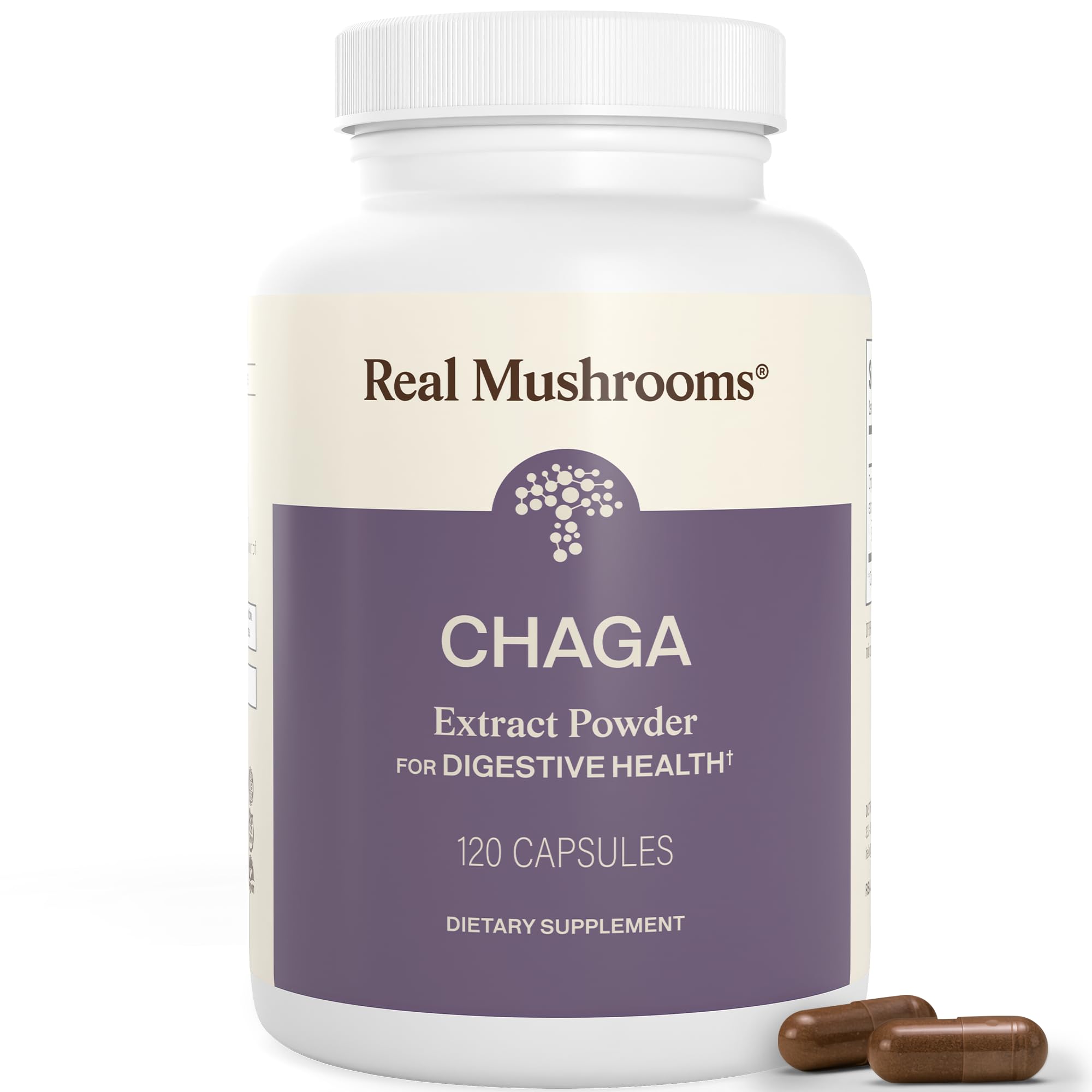 Real Mushrooms frente del envase mostrando 120 cápsulas y beneficios