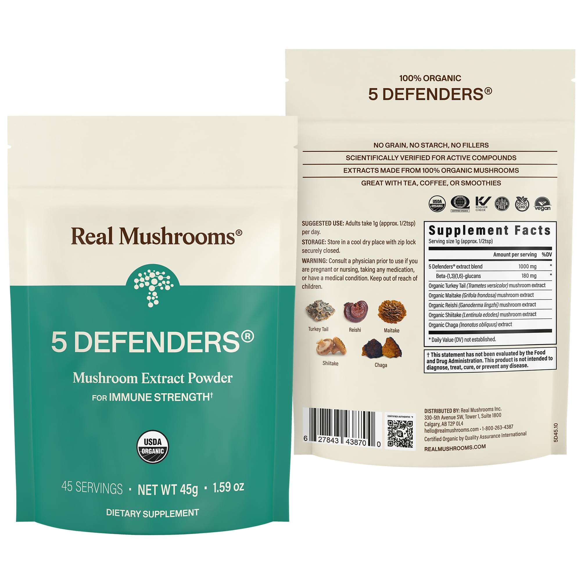 Real Mushrooms frasco en mano para comparar tamaño y 45 porciones