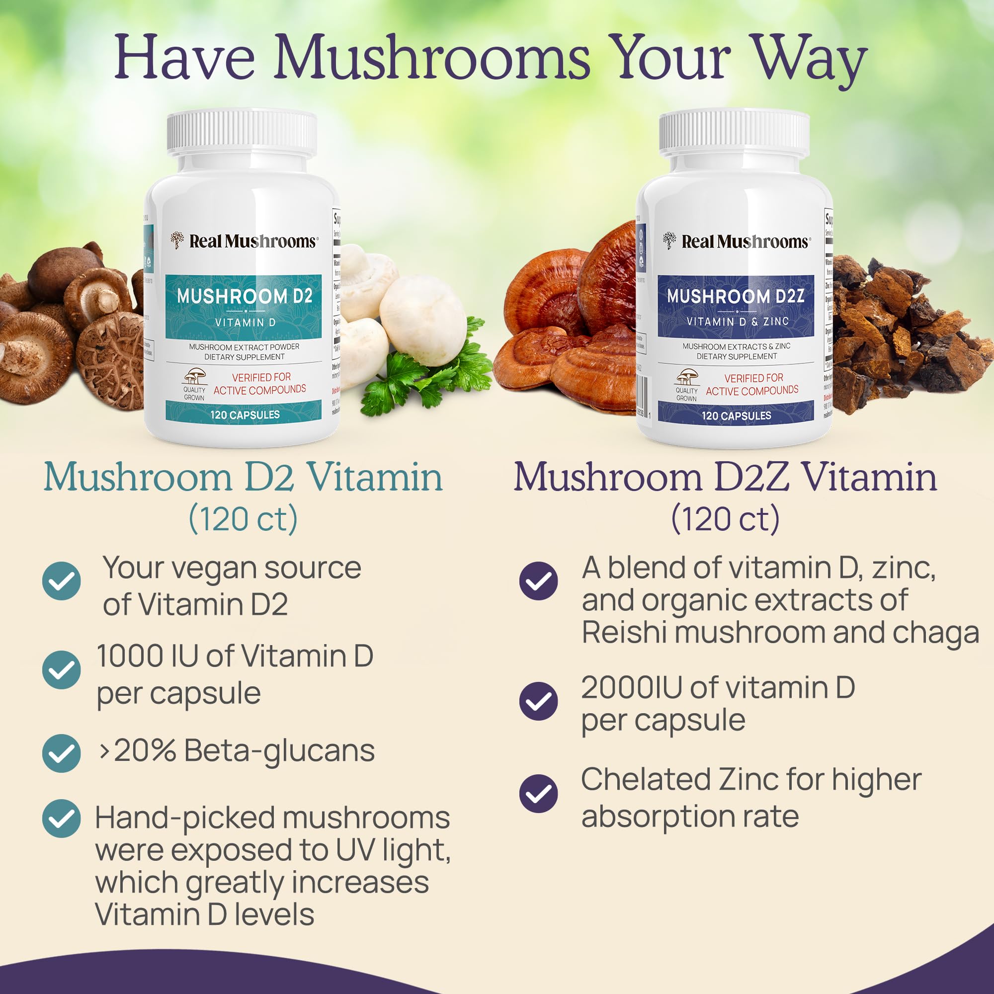 Real Mushrooms comparación de tamaño en mano indicando facilidad de deglución