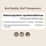 Real Mushrooms cápsulas junto a regla, tamaño práctico para consumo