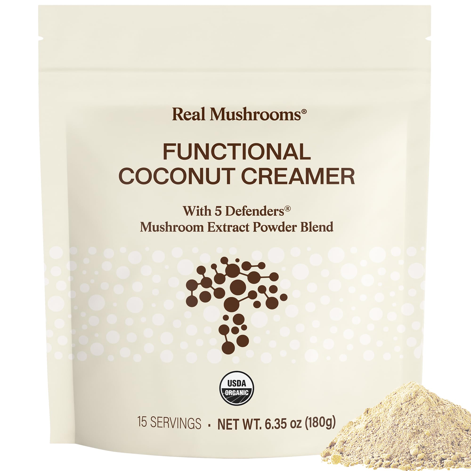 Real Mushrooms envase frontal mostrando crema de coco orgánica y beneficios