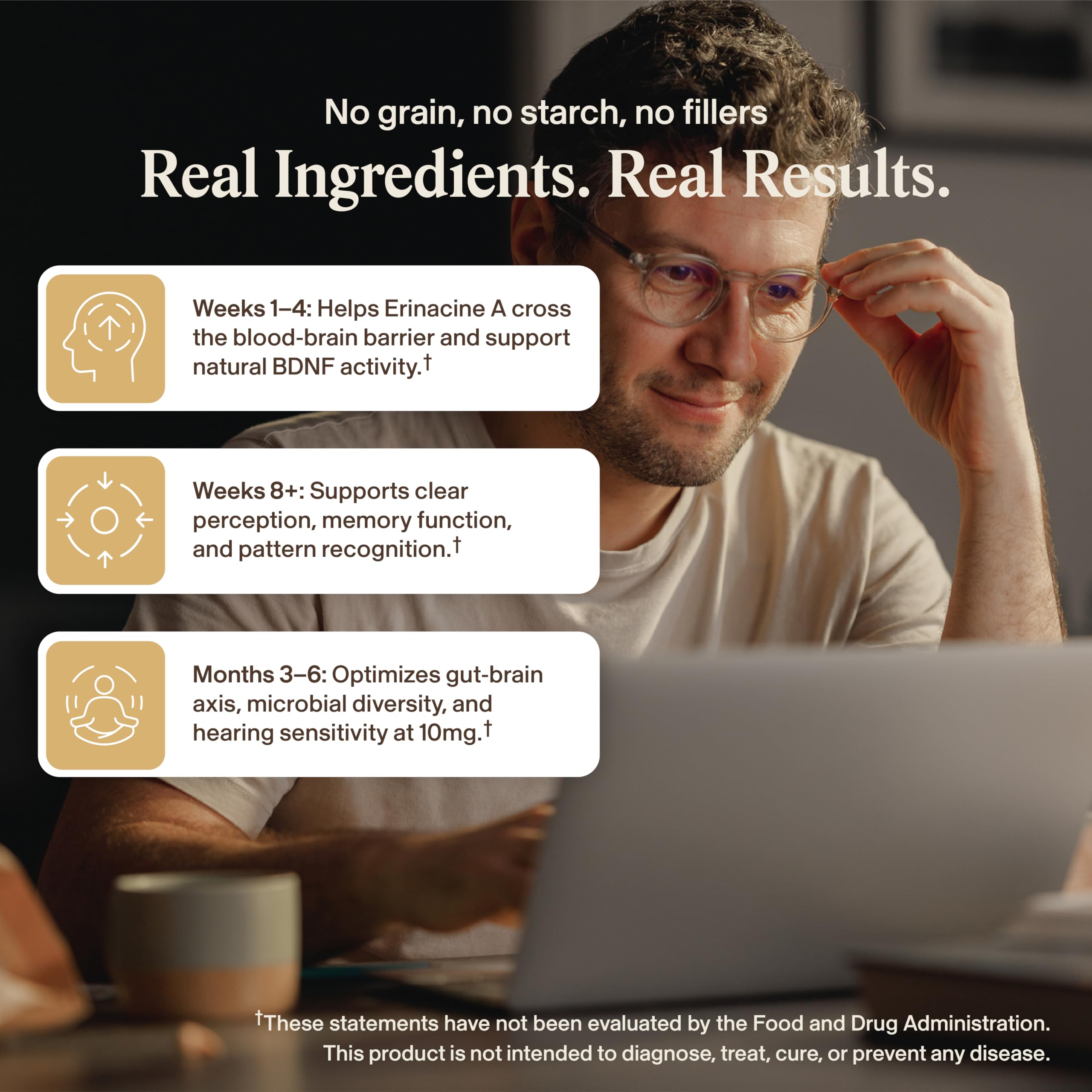 Real Mushrooms suplemento en contexto matutino promoviendo enfoque diario