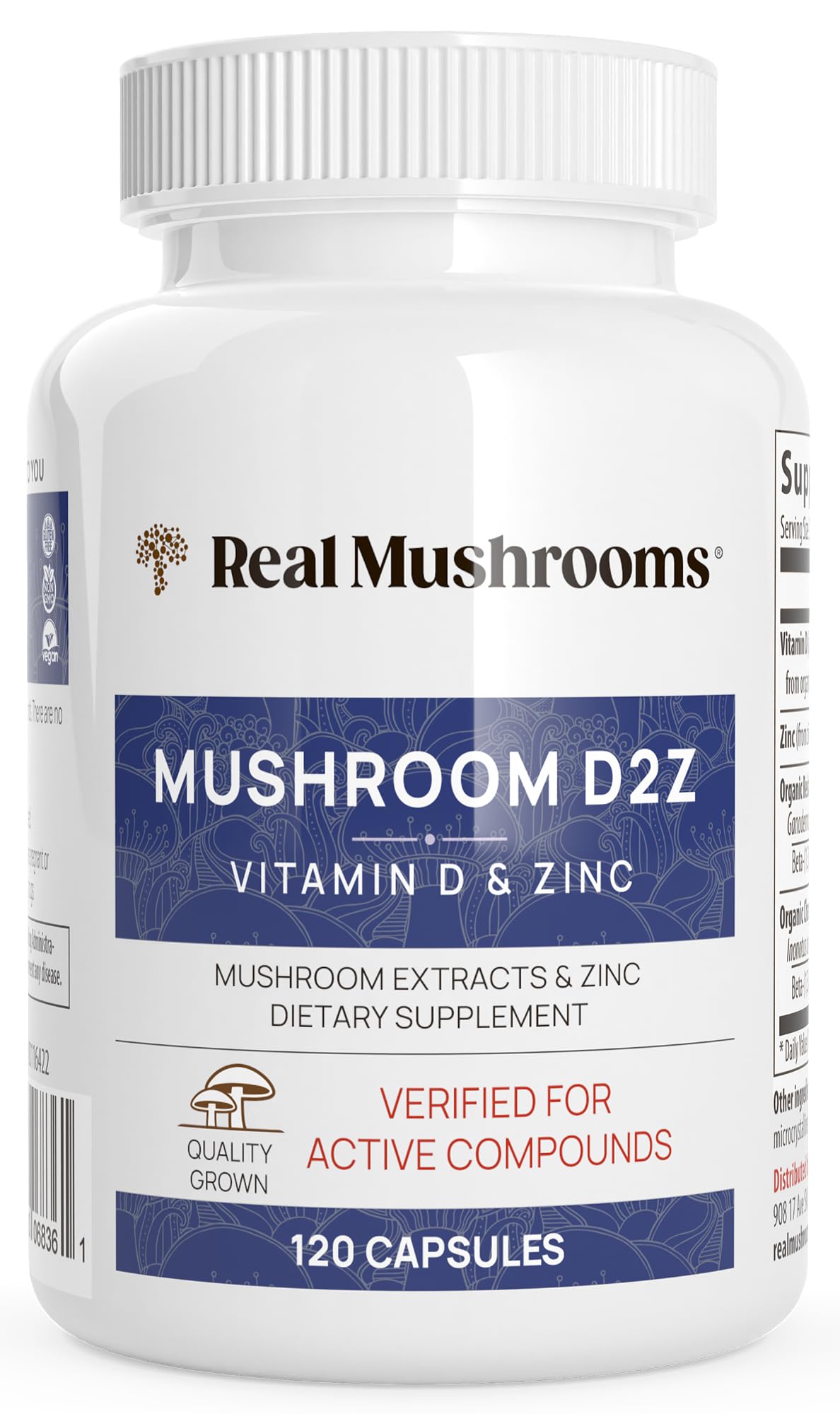 Real Mushrooms frasco frontal mostrando el envase y beneficio de transparencia