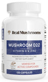 Real Mushrooms frasco frontal mostrando el envase y beneficio de transparencia