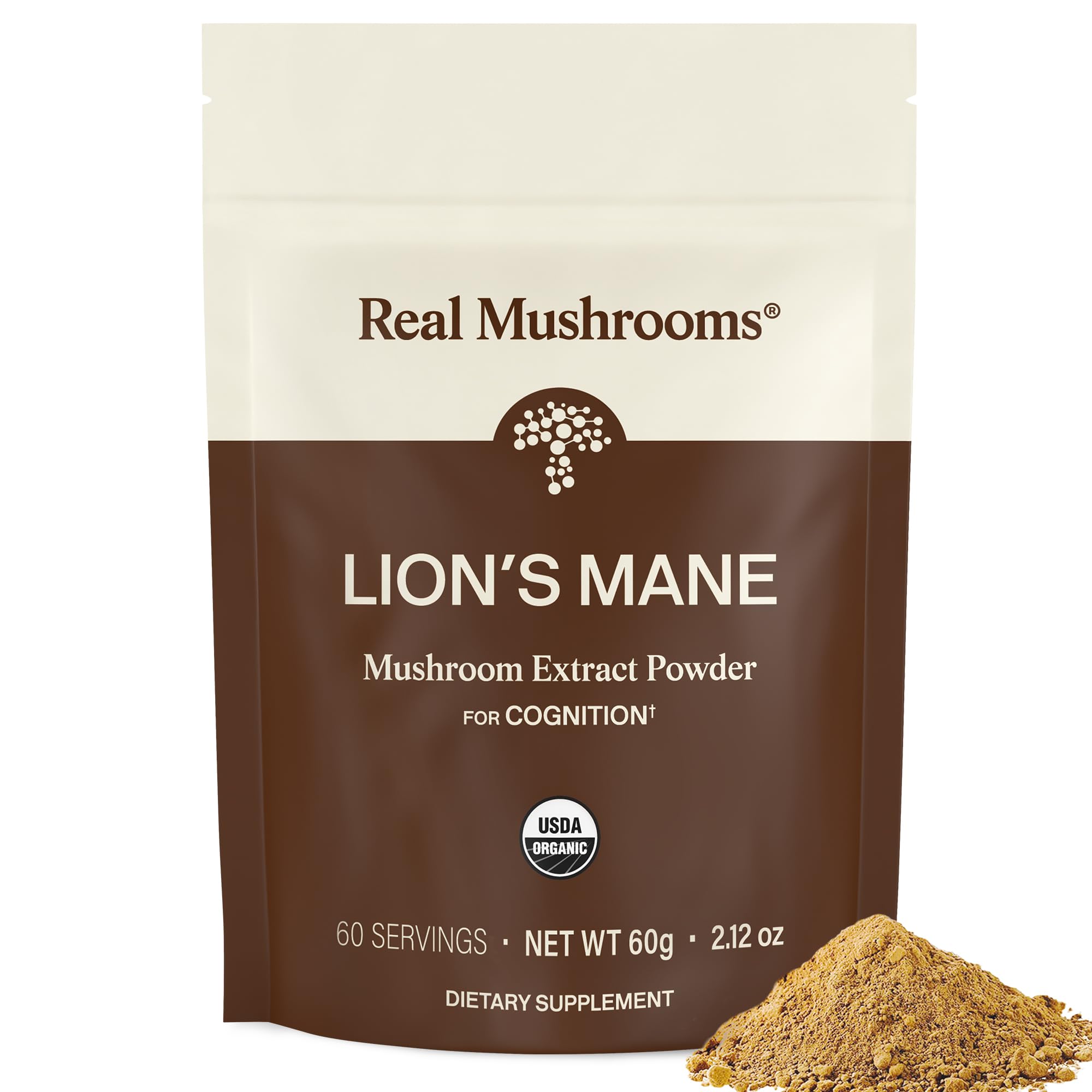 Real Mushrooms frente del envase mostrando etiqueta y beneficio limpieza