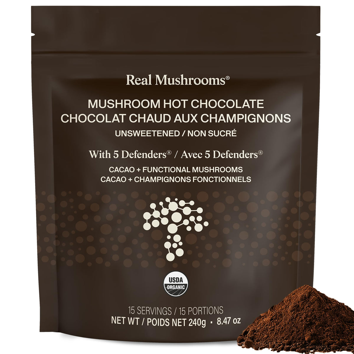 Real Mushrooms frente del envase mostrando diseño y sin azúcar para decisiones informadas