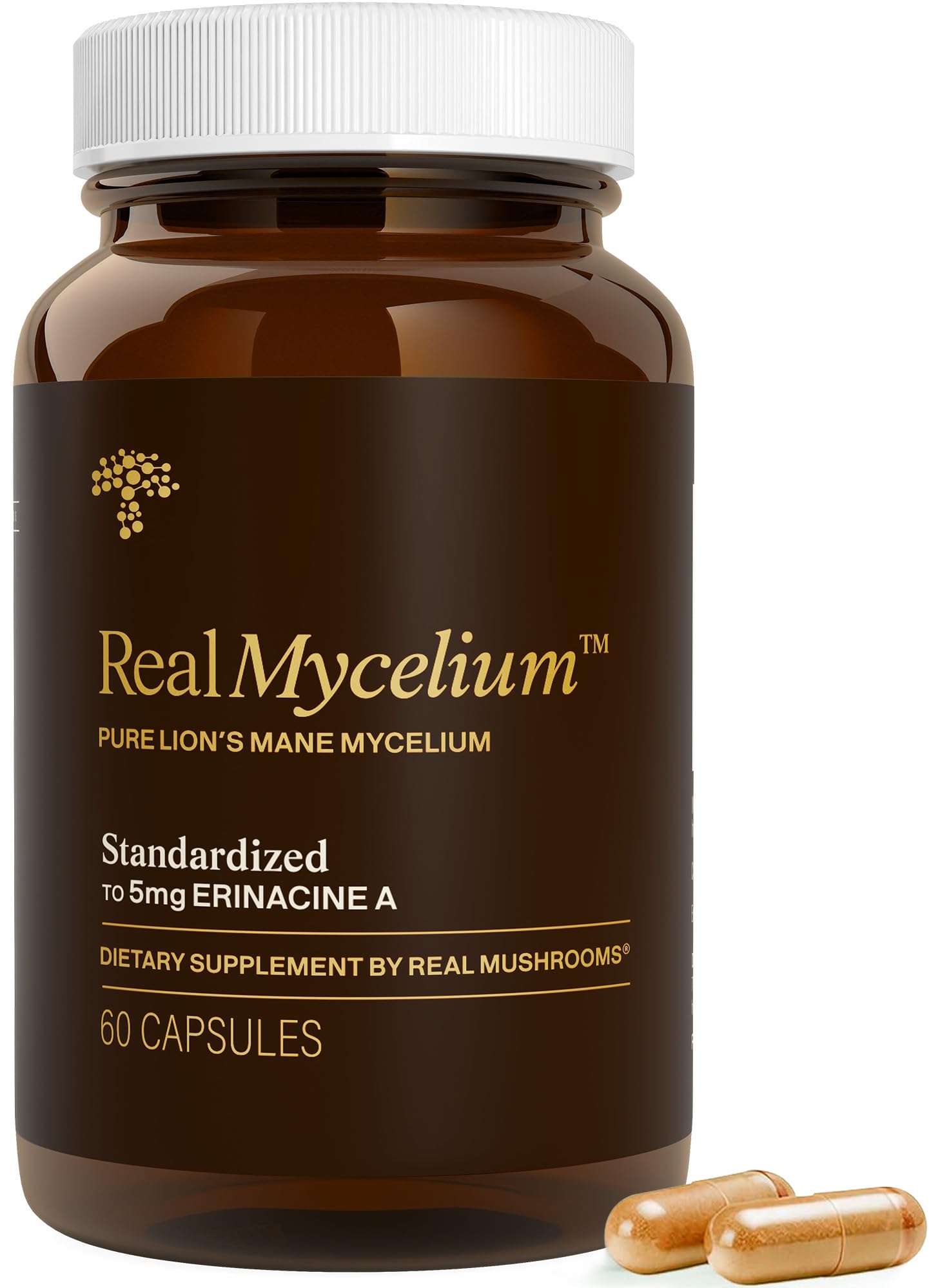 Real Mushrooms envase frontal mostrando 60 cápsulas y beneficio de claridad