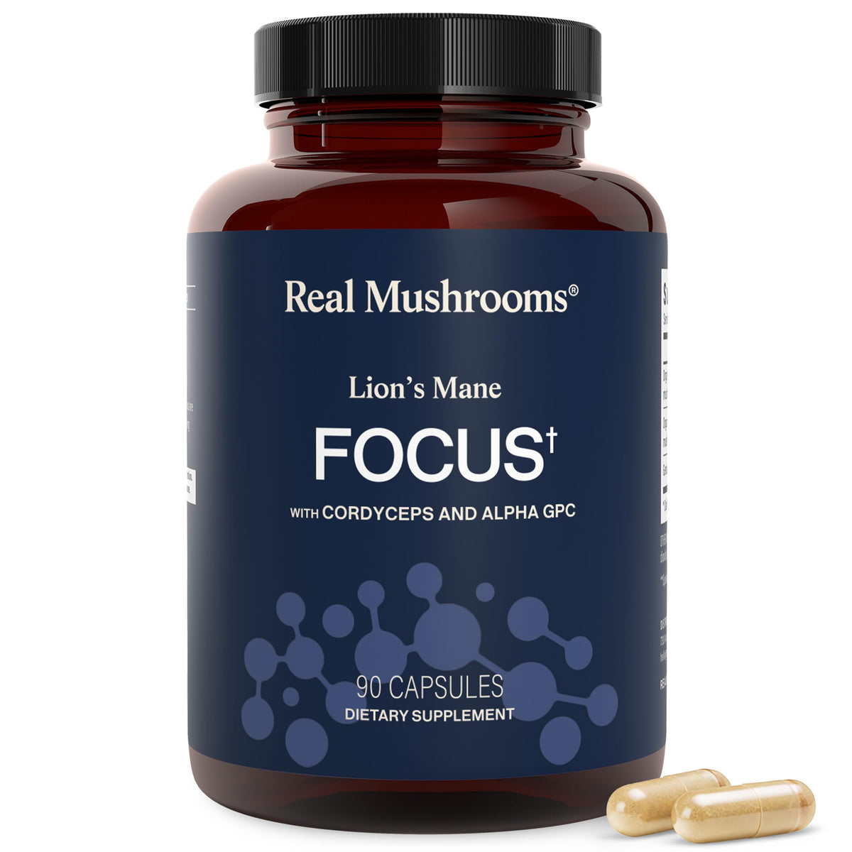 Real Mushrooms frasco frontal mostrando cápsulas y beneficio claridad mental