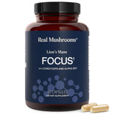 Real Mushrooms frasco frontal mostrando cápsulas y beneficio claridad mental