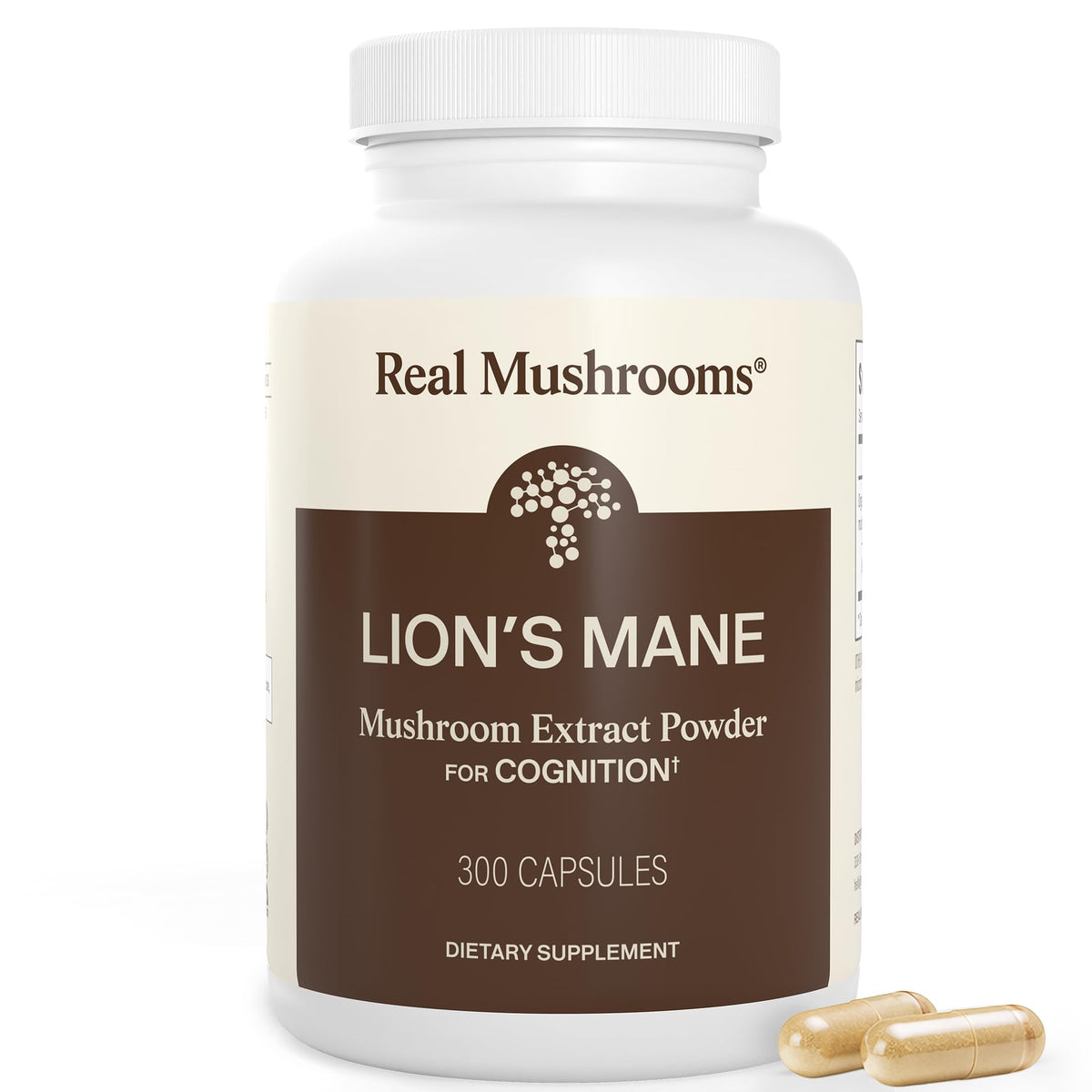 Real Mushrooms frasco frontal mostrando etiqueta clara y beneficio de pureza