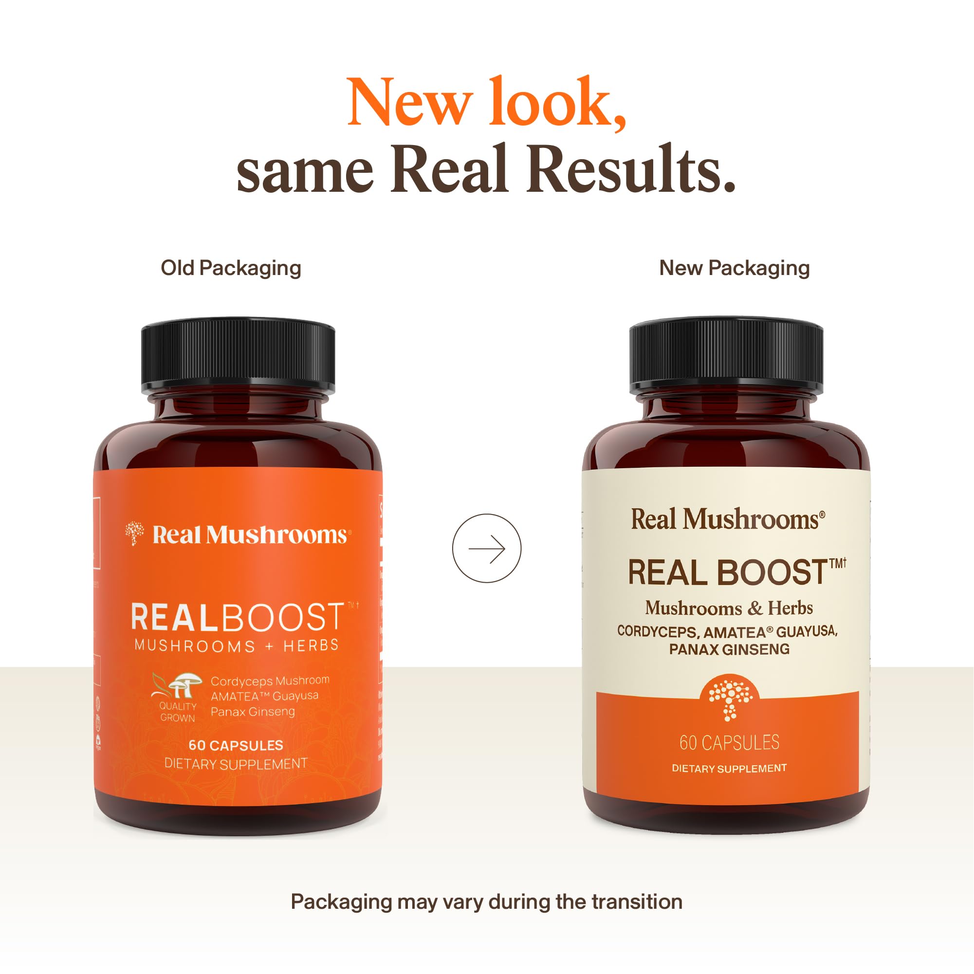 Real Mushrooms RealBoost cápsulas fuera del frasco para fácil dosificación