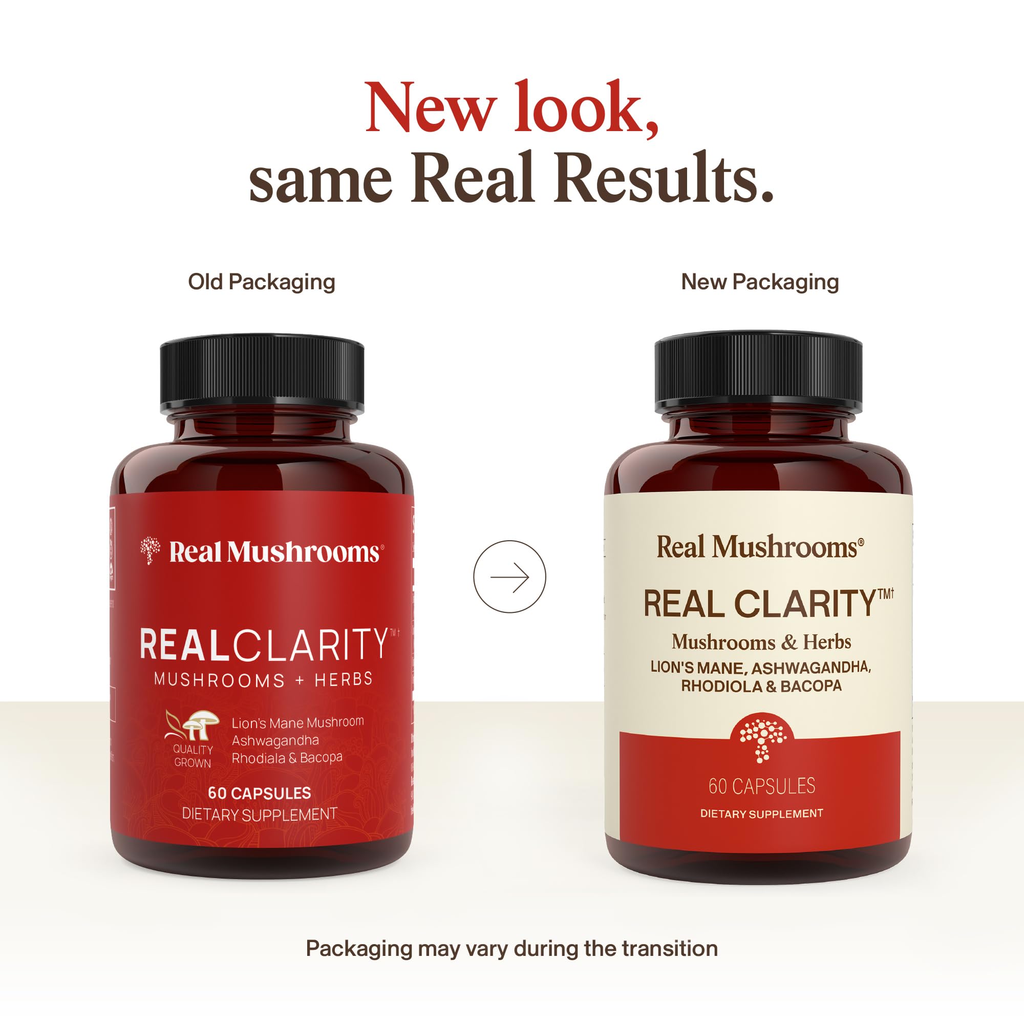 Close-up de cápsulas RealClarity de Real Mushrooms con apariencia vegana y fácil toma
