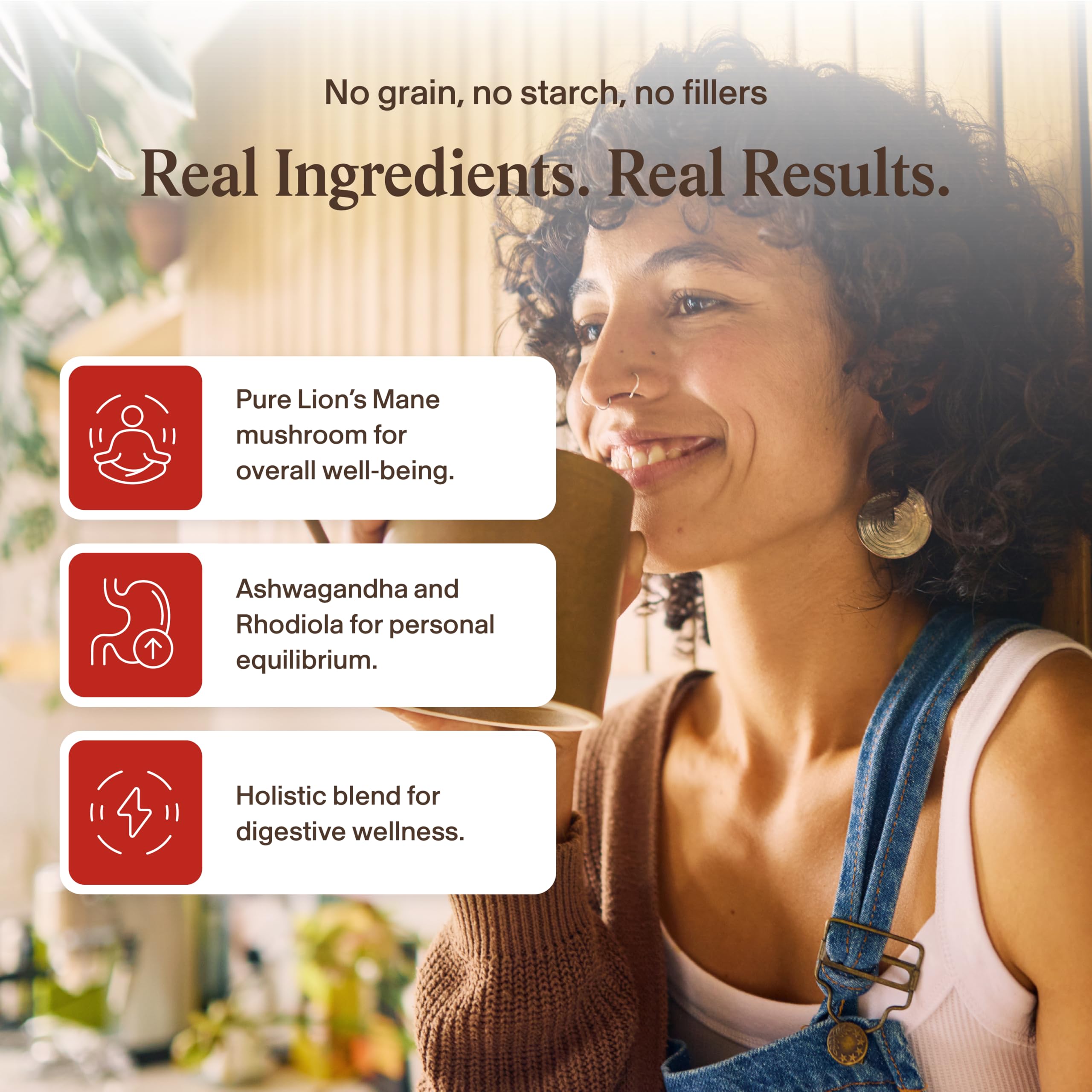 Composición de Lion’s Mane, ashwagandha, rhodiola y bacopa representada por ingredientes reales de Real Mushrooms