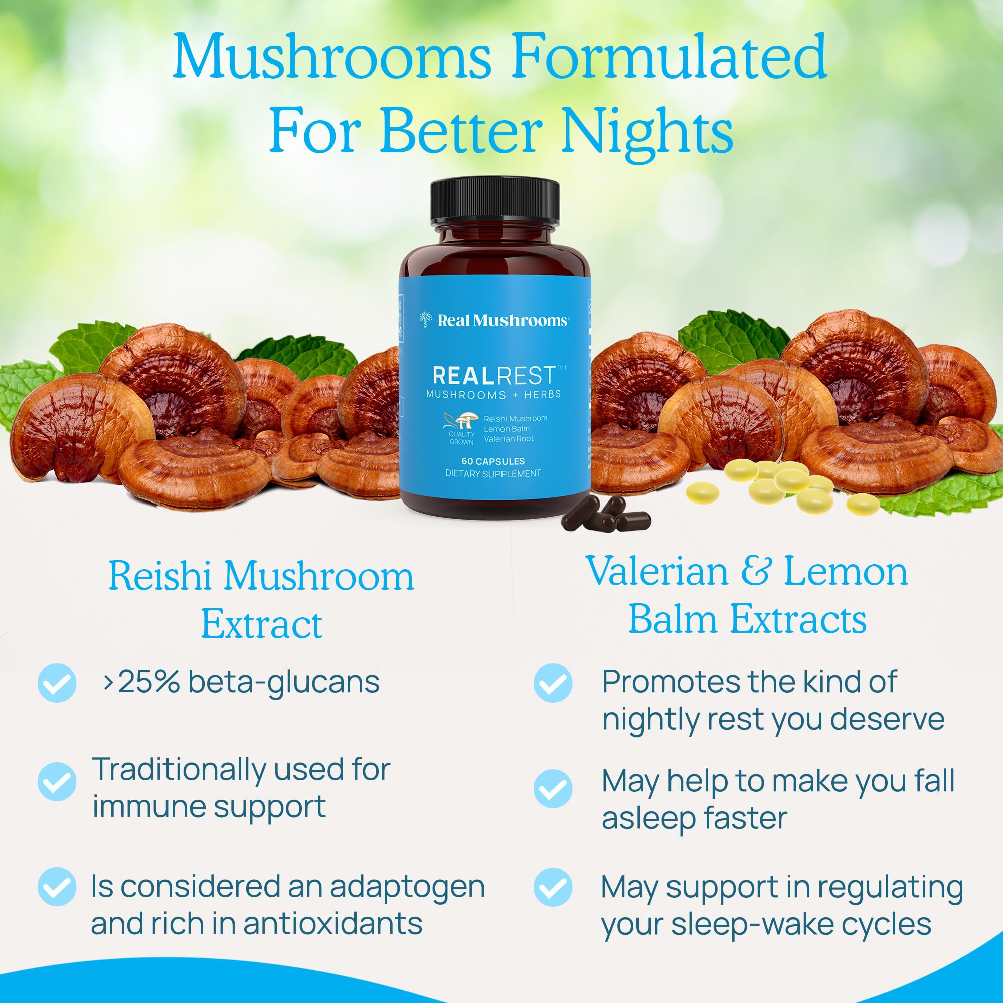 Real Mushrooms comparación de tamaño de cápsulas RealRest con mano