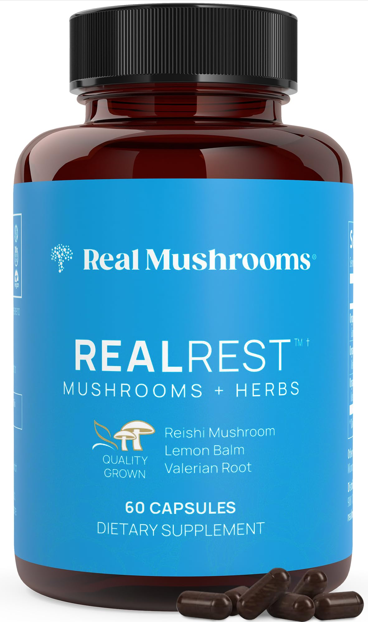 Real Mushrooms frasco RealRest frontal mostrando la etiqueta y beneficios