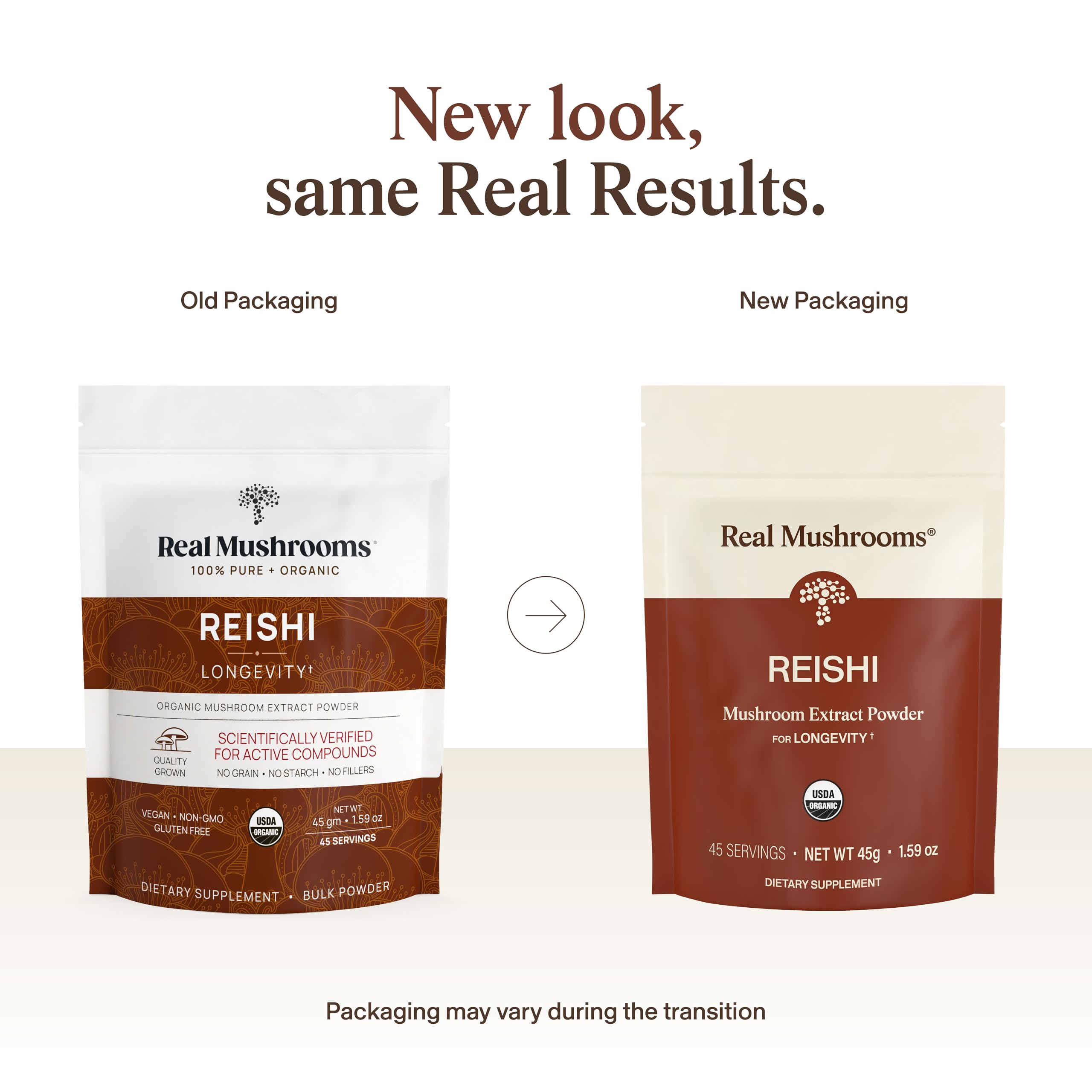Real Mushrooms envase abierto con polvo visible, facilidad de uso diaria
