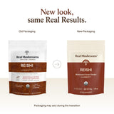Real Mushrooms envase abierto con polvo visible, facilidad de uso diaria