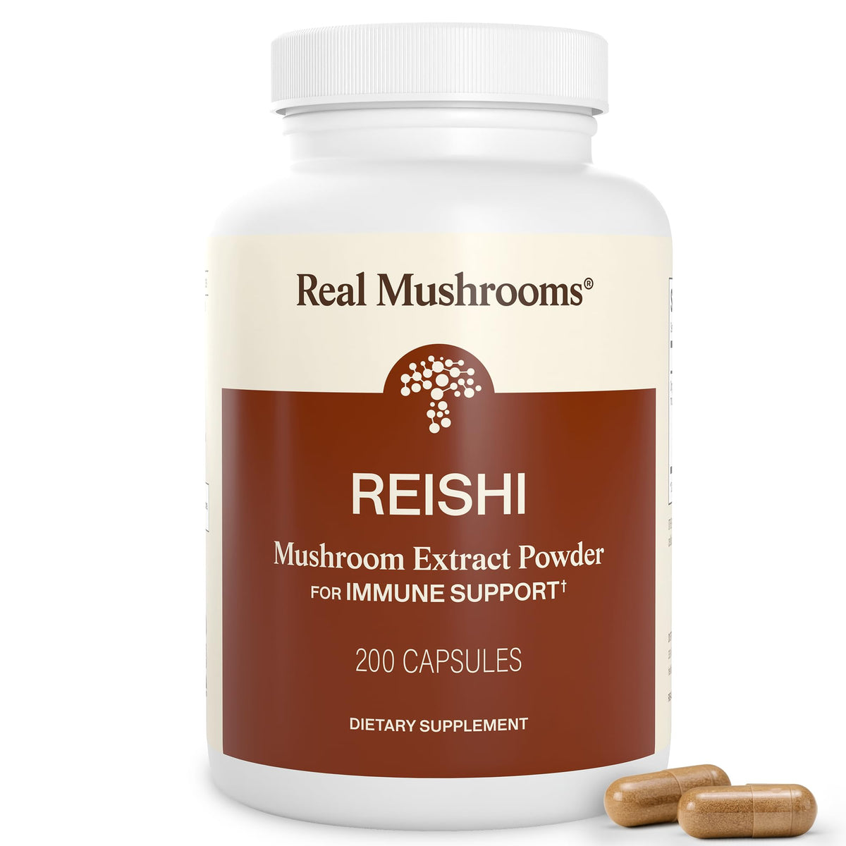 Real Mushrooms botella frontal mostrando 200 cápsulas y etiqueta clara