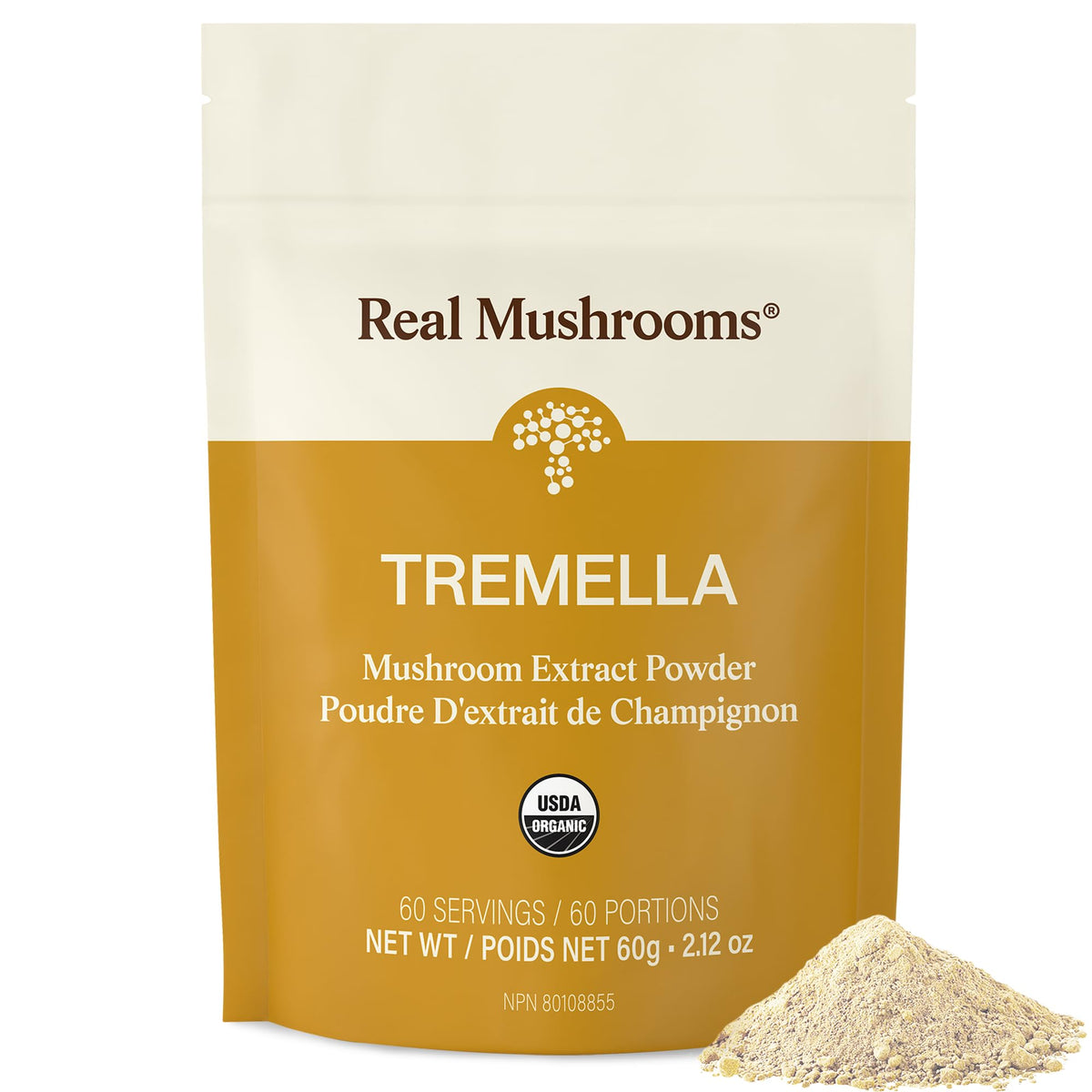 Real Mushrooms frasco frontal mostrando diseño y cantidad, ideal para rutinas diarias