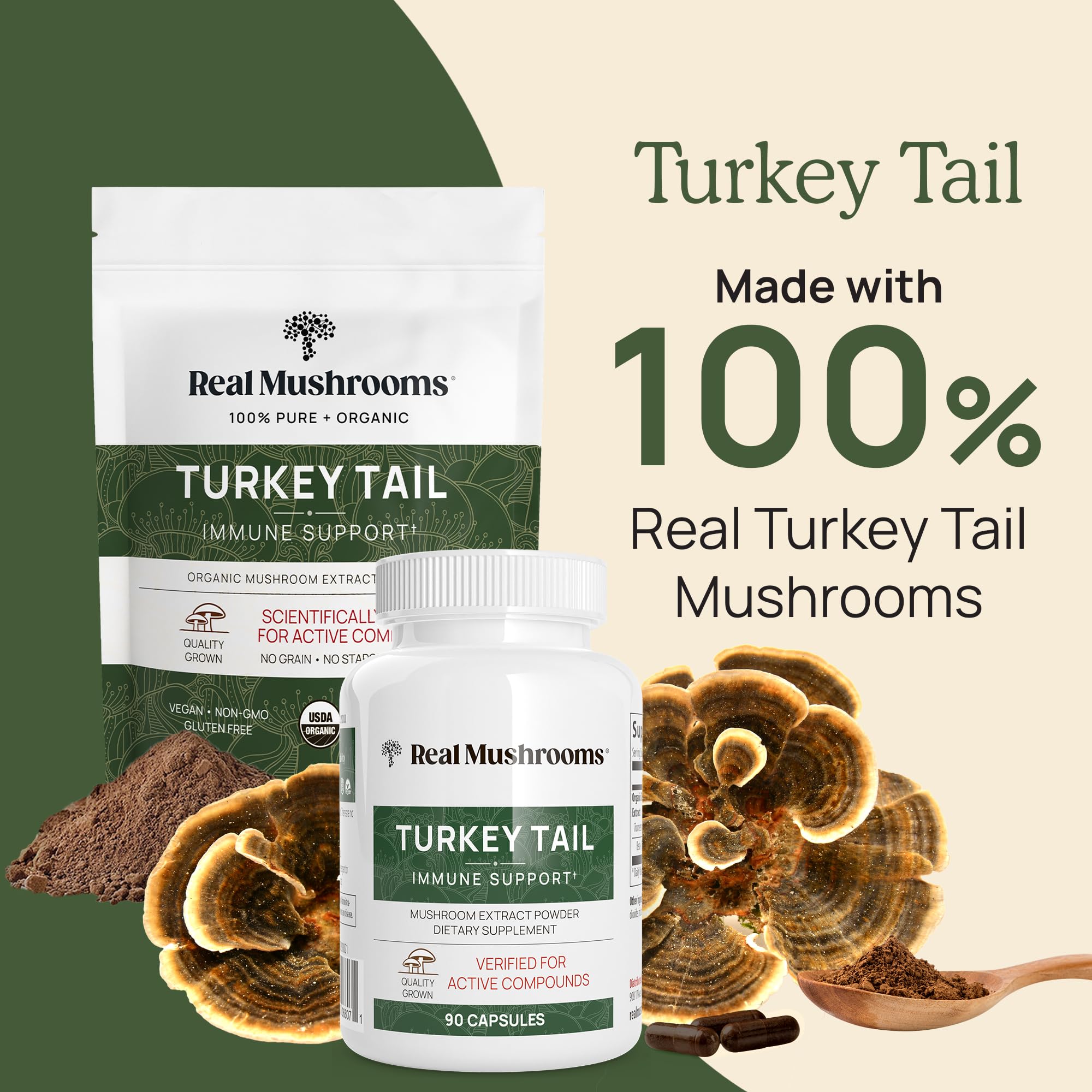 Real Mushrooms cucharada con polvo de Turkey Tail lista para mezclar fácilmente