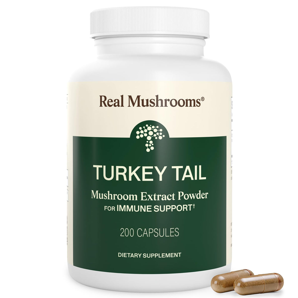 Real Mushrooms frasco frente mostrando 200 cápsulas y beneficio de pureza